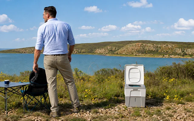 Leon testant une toilette sèche TROBOLO WandaGO au bord d'un lac
